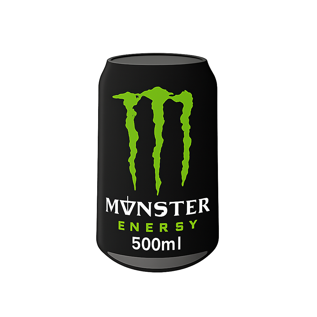 Energy drink can with Monster logo, black background, and green accents.