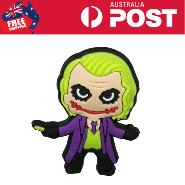 Colorful Joker character rubber keychain with green hair and purple suit.